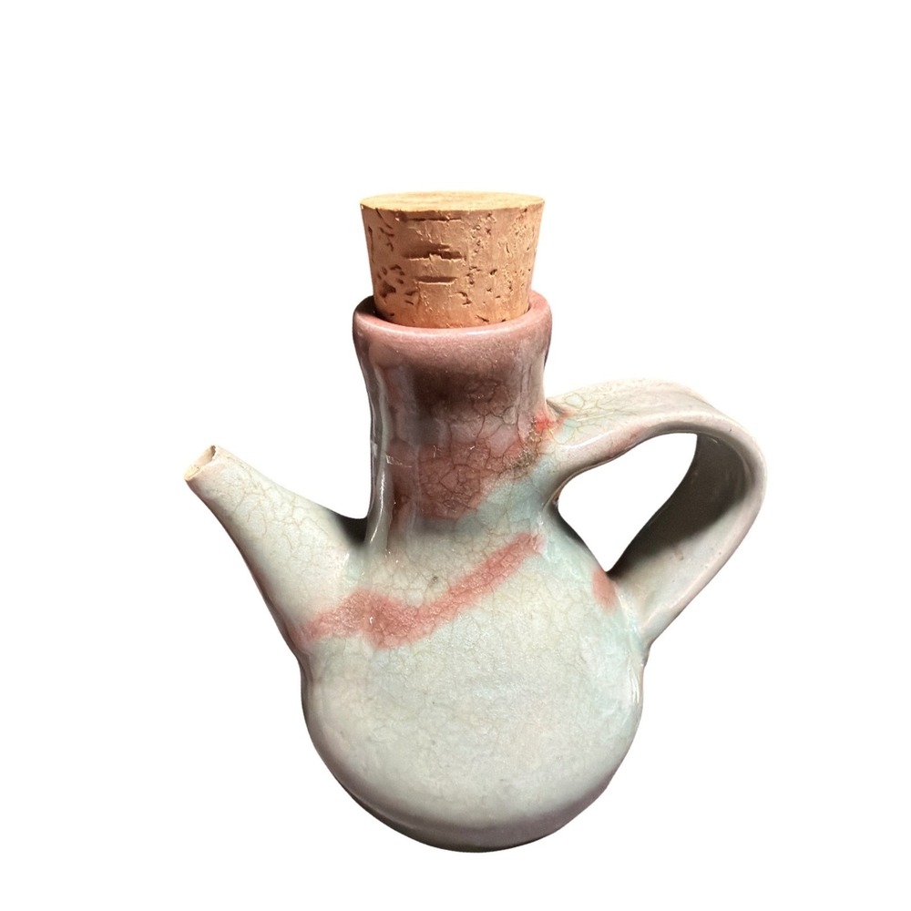 Studio Pottery Oil Cruet Crackle Celadon Glaze Signed MW Vinegar Bottle